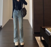 牛仔裤 时髦开叉裤 修身 女秋新 大长腿高腰显瘦微喇叭裤 AMR