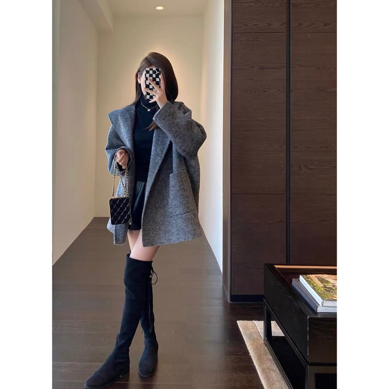 AMR UU◆巨洋气 斗篷双面呢大衣宽松连帽短款外套女2025秋冬新款