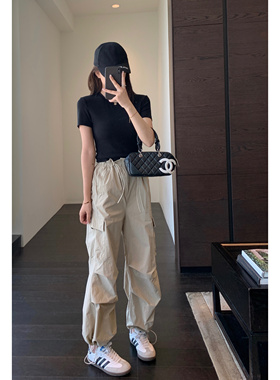 AMR UU◆酷帅范 高品质轻薄舒适阔腿工装裤降落伞束脚裤女春夏新