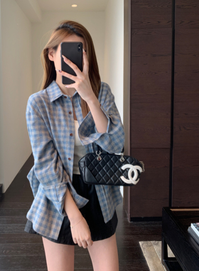 AMR UU◆韩系慵懒 减龄洋气显白蓝色格子衬衫女上衣2026早春新款