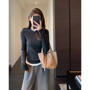 T恤女秋冬新款 时髦假两件 长袖 内搭可外穿磨毛加绒打底衫 AMR