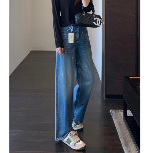 AMR UU◆奢华烫钻 高品质牛仔裤高腰宽松显瘦直筒阔腿裤女秋冬新