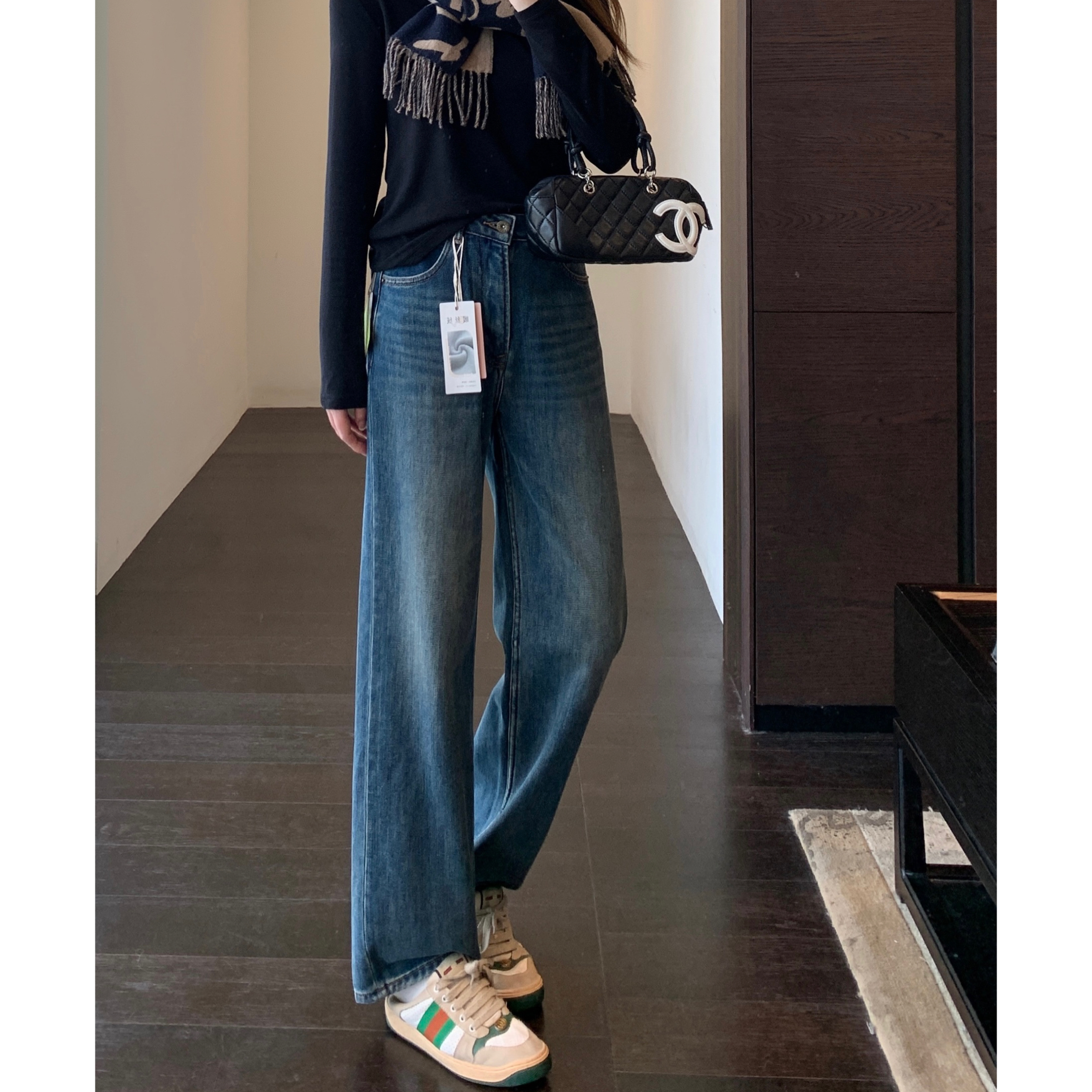 AMR UU◆版型正 显腿长高品质磨毛保暖高腰直筒阔腿牛仔裤秋冬新