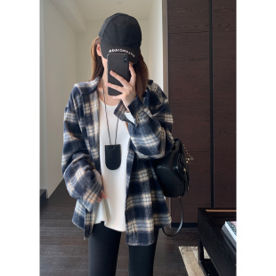 复古格纹宽松慵懒连帽休闲显瘦衬衫 英伦风 外套女秋冬新 AMR