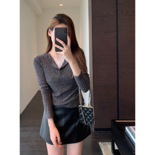 上衣女秋2025新款 AMR 时髦蕾丝拼接假两件针织衫 设计感小众