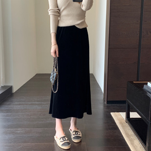 气质鱼尾裙高腰显瘦小黑裙垂感丝绒半身裙女新 优雅浪漫 AMR