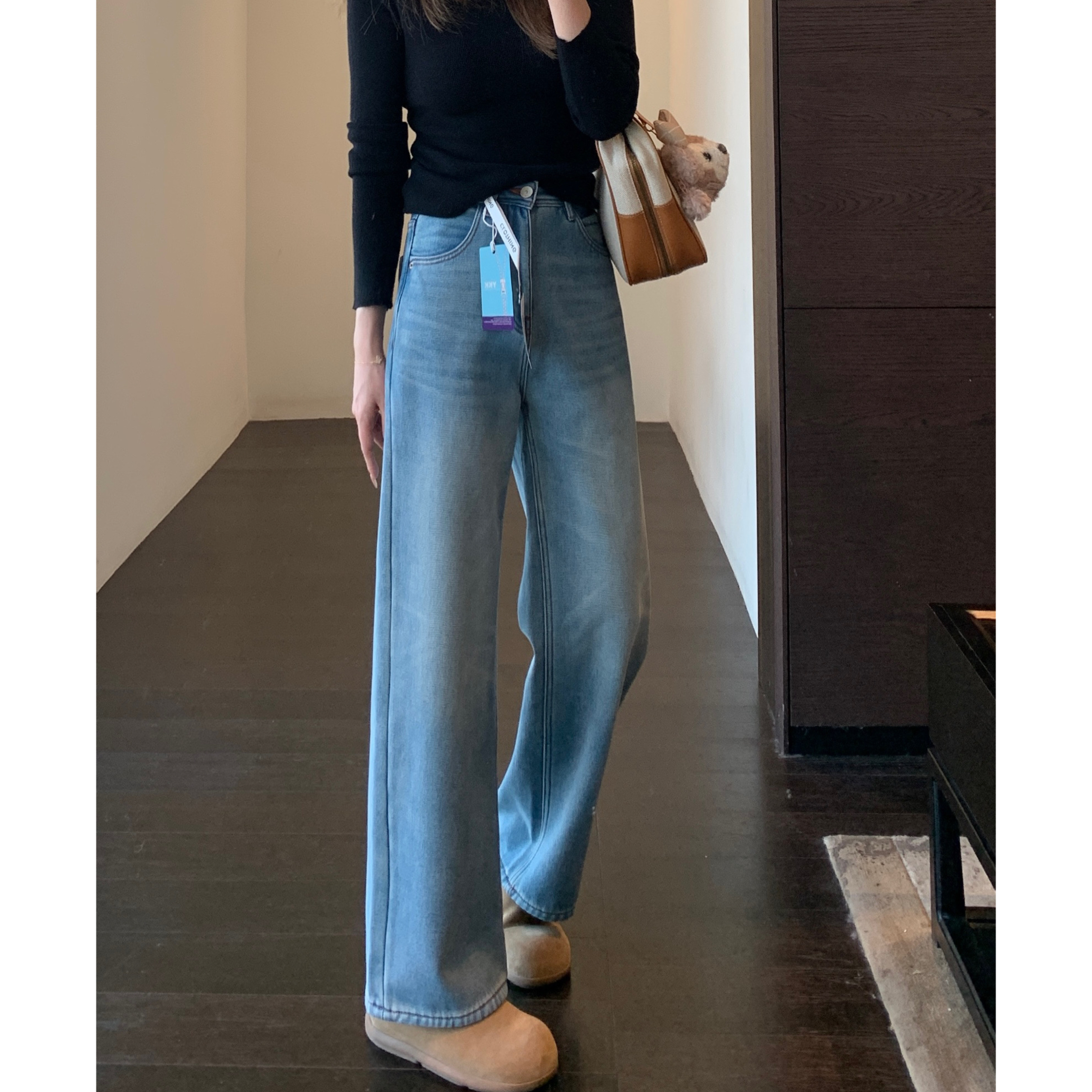 AMR UU◆显腿长 加绒加厚高腰窄版阔腿直筒牛仔裤女2025新款秋冬