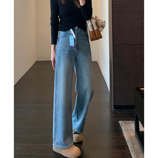 女2025新款 显腿长 阔腿直筒牛仔裤 秋冬 加绒加厚高腰窄版 AMR