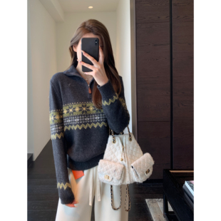 秋冬新款 AMR 复古时髦费尔岛提花高领毛衣女针织衫 北欧小众