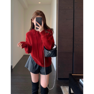 单穿叠穿显瘦红色连帽针织毛衣女2025新款 慵懒时髦 秋冬 AMR