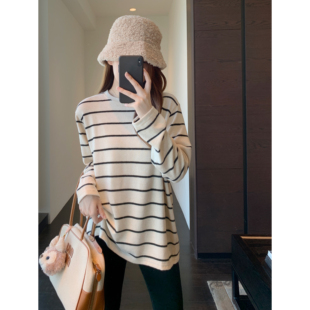 T恤女打底衫 AMR 慵懒风宽松舒适条纹长袖 藏肉显瘦 2025秋冬新