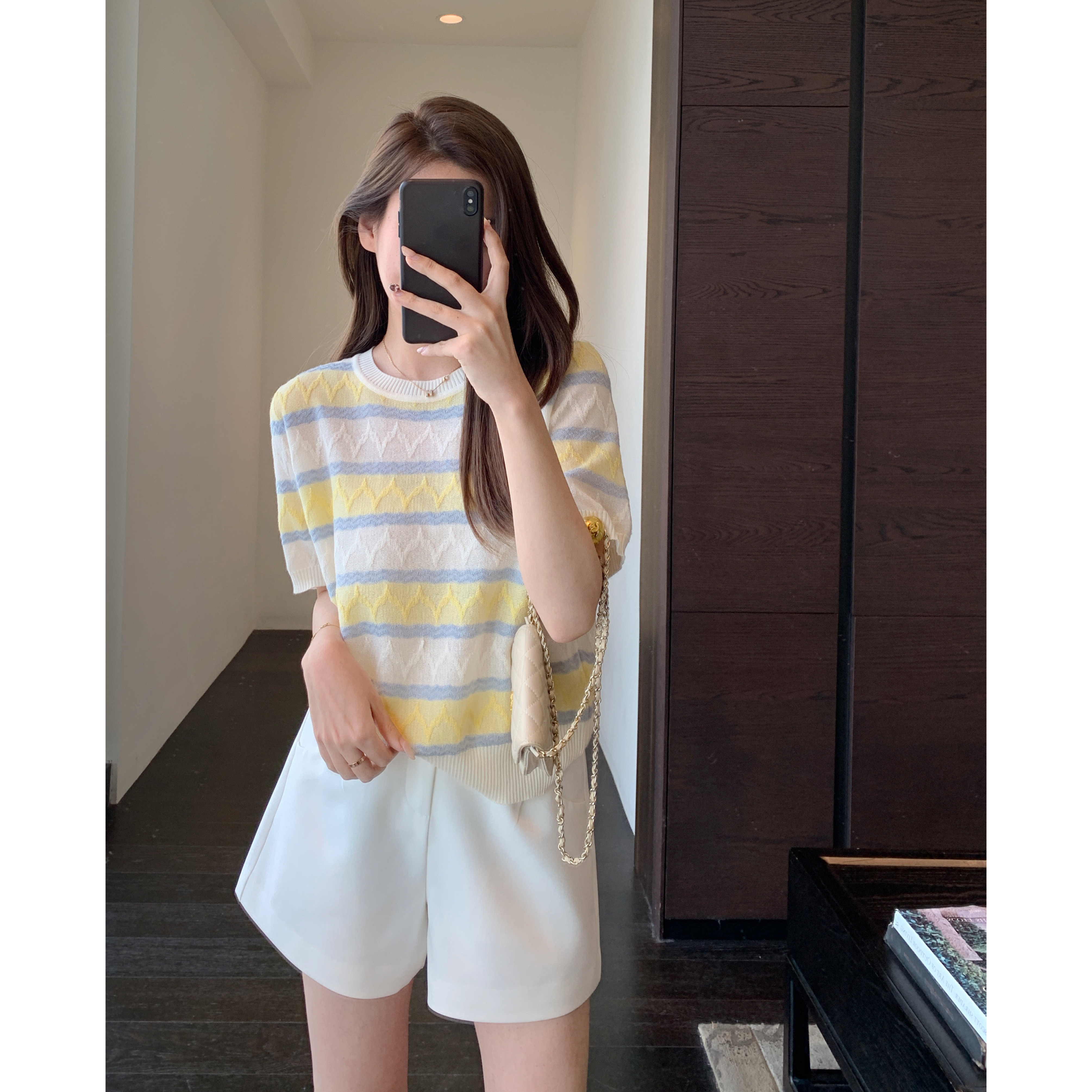 AMR UU◆夏日清爽感 慵懒时髦提花条纹短袖t恤女针织上衣薄2026新