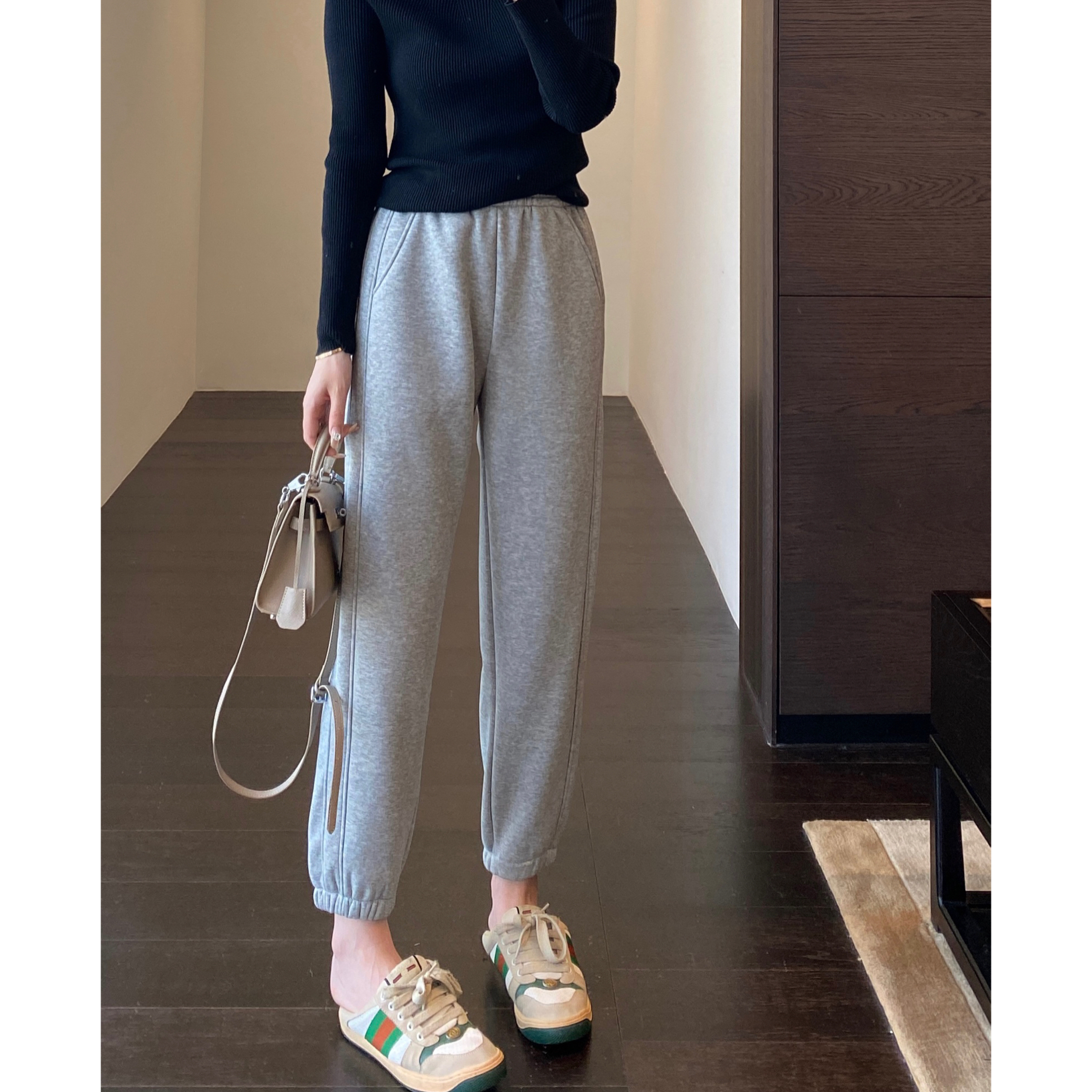 AMR UU◆一条过冬 加绒加厚保暖高腰显瘦束脚卫裤休闲裤女秋冬新