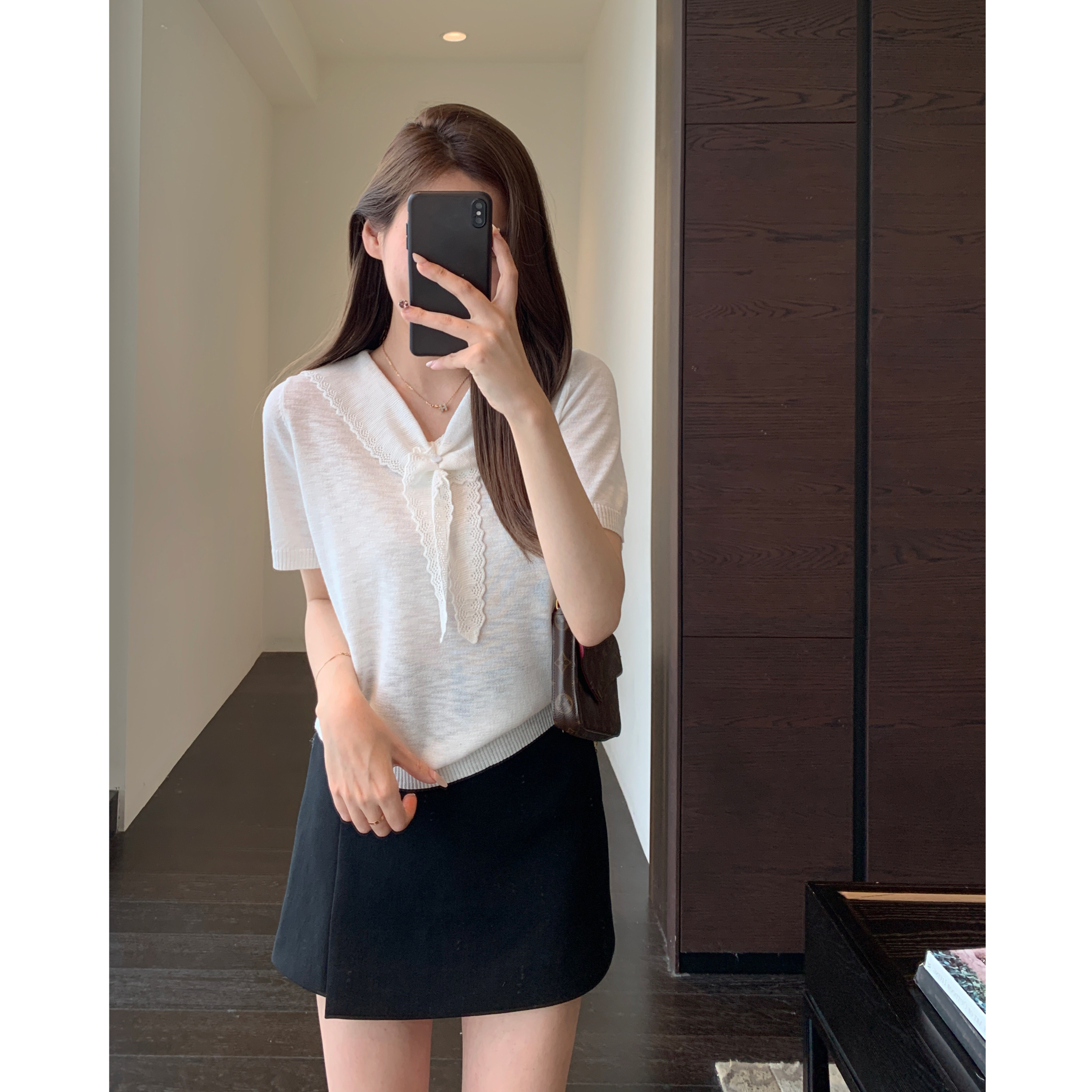 AMR UU◆少女感 减龄学院风领结凉感针织衫上衣女短袖春夏季新款