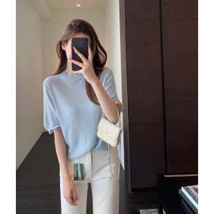 T恤女上衣春夏2026新款 AMR 慵懒风显瘦亮片针织短袖 氛围感