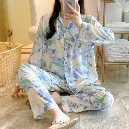 2024新款棉绸睡衣女春秋薄款长袖套装网红大码人造绵绸家居服夏天