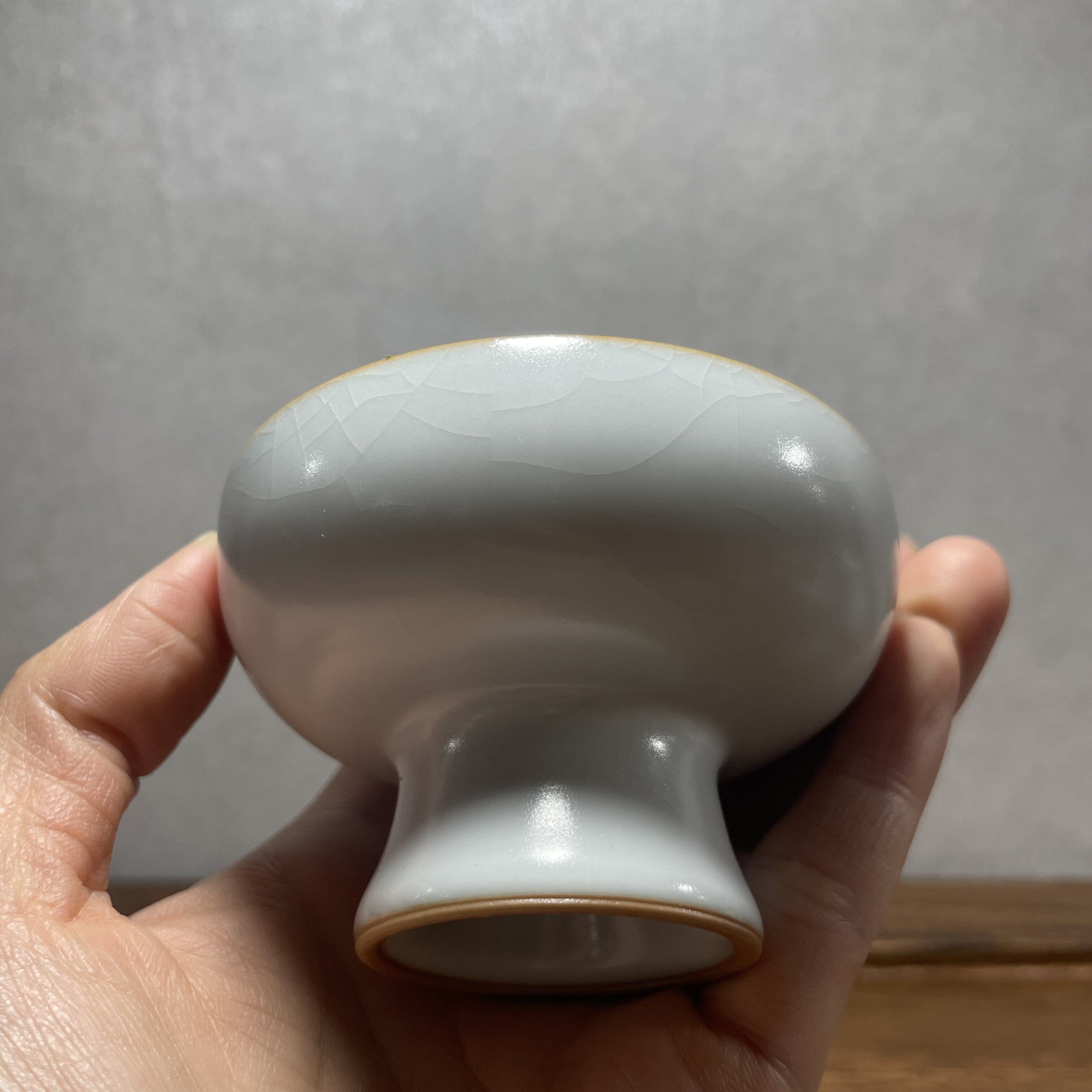 善窑厂李善明款善款一代月白色汝窑汝瓷老款烛台杯高足杯开片茶杯