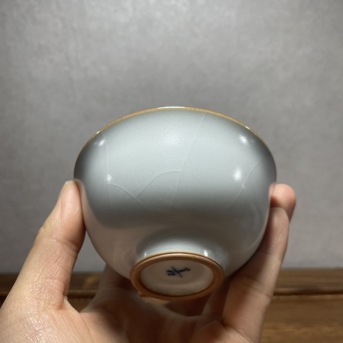 善窑厂李善明汝窑汝瓷一代月白玉茗杯珍藏款善款开片早期主人杯