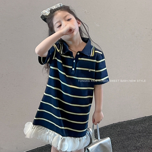 裙女童立体花瓣设计感连衣裙 现货韩国中大童2025年条纹polo领衬衫