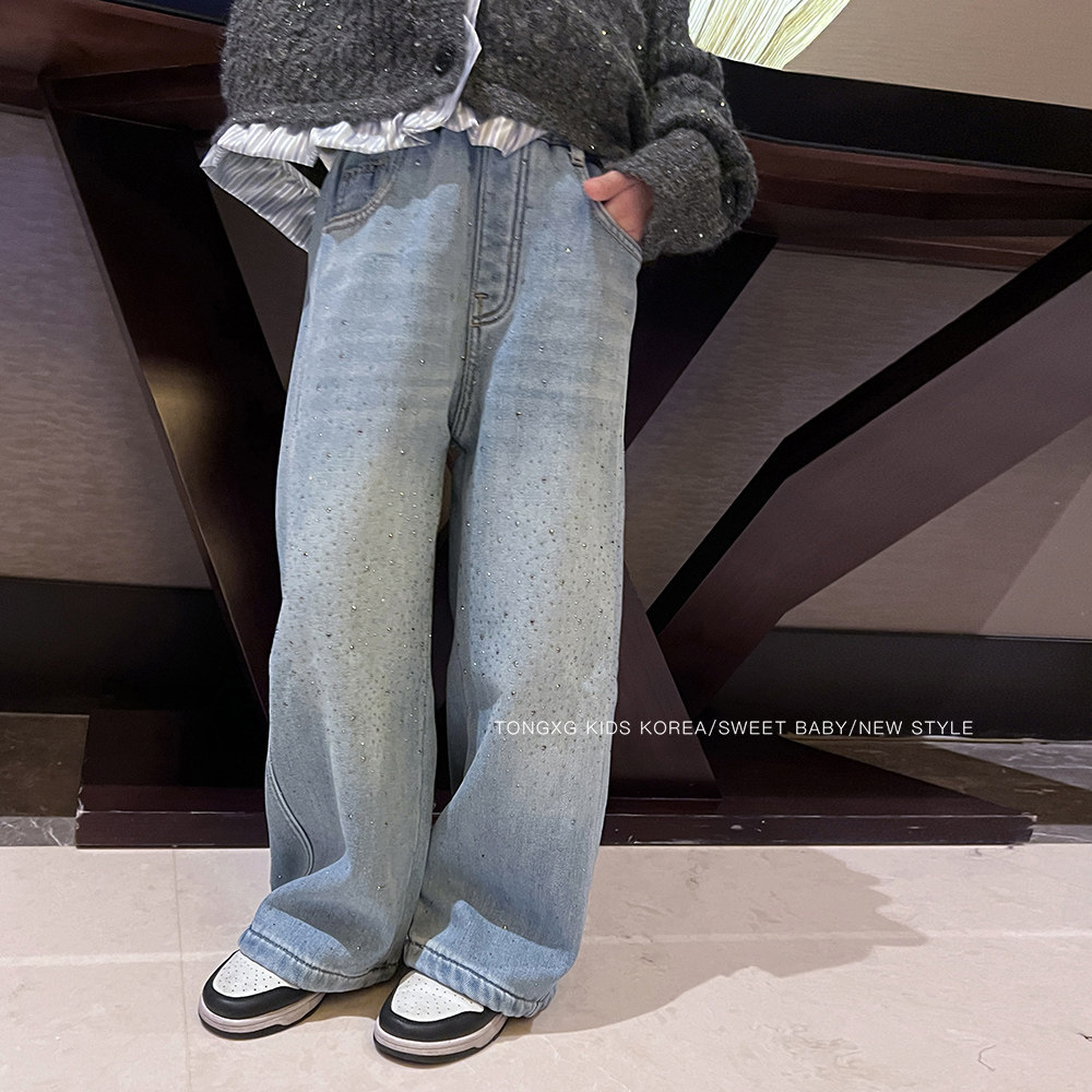 潼小乖定制女童中大童休闲裤子加绒闪闪蓝色牛仔裤直筒裤子5k038图片