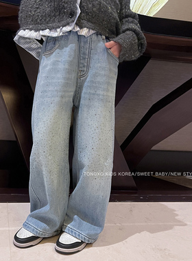 潼小乖定制女童中大童休闲裤子加绒闪闪蓝色牛仔裤直筒裤子5k038