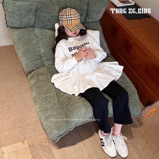 中大童 英文长T恤秋款韩白色上衣印花儿童长袖上衣宽松女孩打底衫