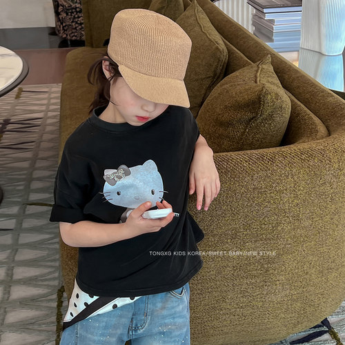 潼小乖|可亲子|春新款中大童女童洋气韩版宽松可爱短袖T恤6q019