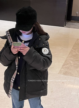 潼小乖女童羽绒服秋冬装中大童90白鸭绒格纹边羽绒服厚外套5q128