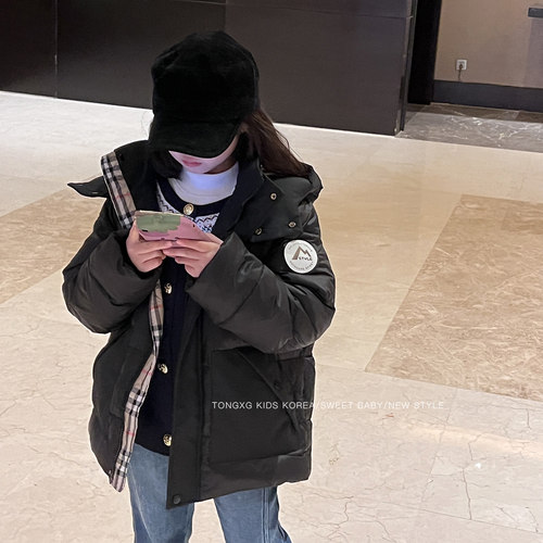 潼小乖女童羽绒服秋冬装中大童90白鸭绒格纹边羽绒服厚外套5q128