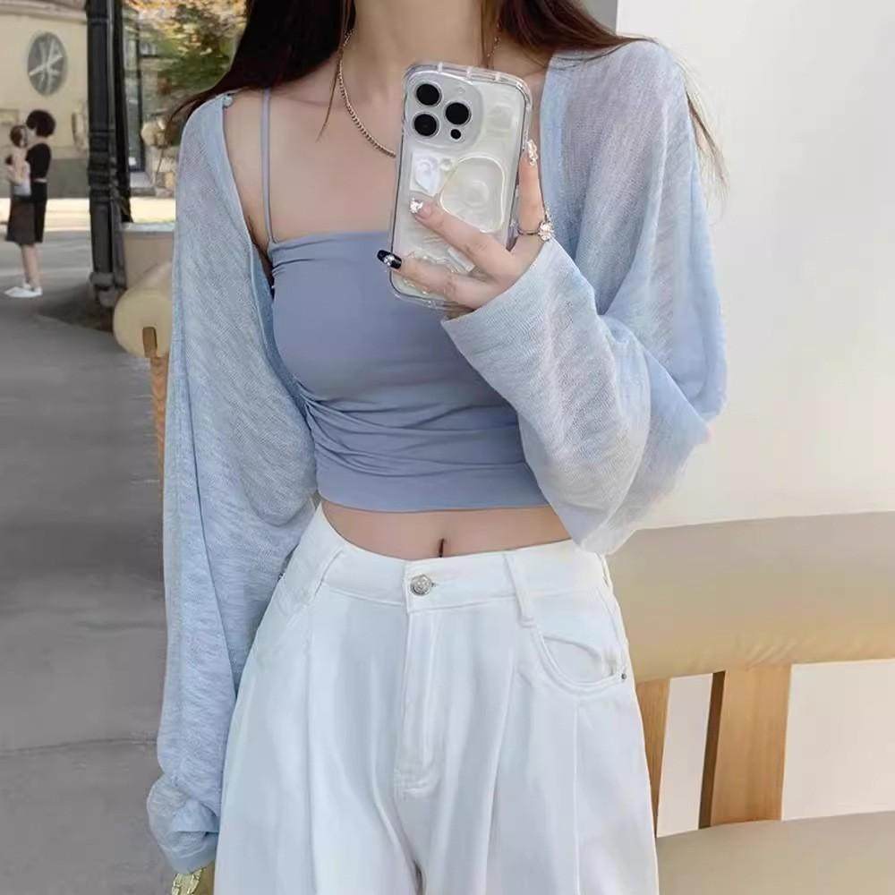 灰色气质冰丝防晒针织开衫女夏季法式吊带外搭罩衫蝙蝠袖薄纱披肩