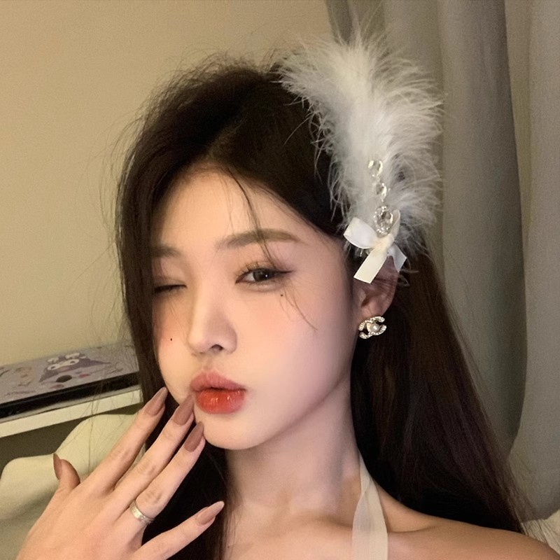 蝴蝶结羽毛发夹侧边头饰白色发饰女生秋冬鸭嘴夹子气质高级感发卡