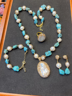 新款绿色松石项链四件套戒指异形百搭个性项链耳饰饰品人气款