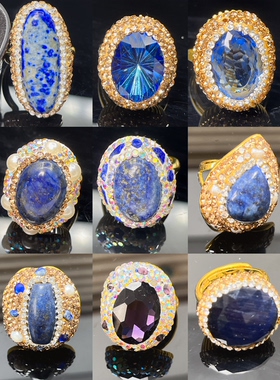 欧美风复古蓝色青金松石开口戒指女款可调节厂家批发百搭