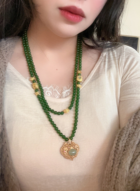 秋季新款天然绿珠套链可拆卸毛衣链项链多圈手串沙金925如意吊坠