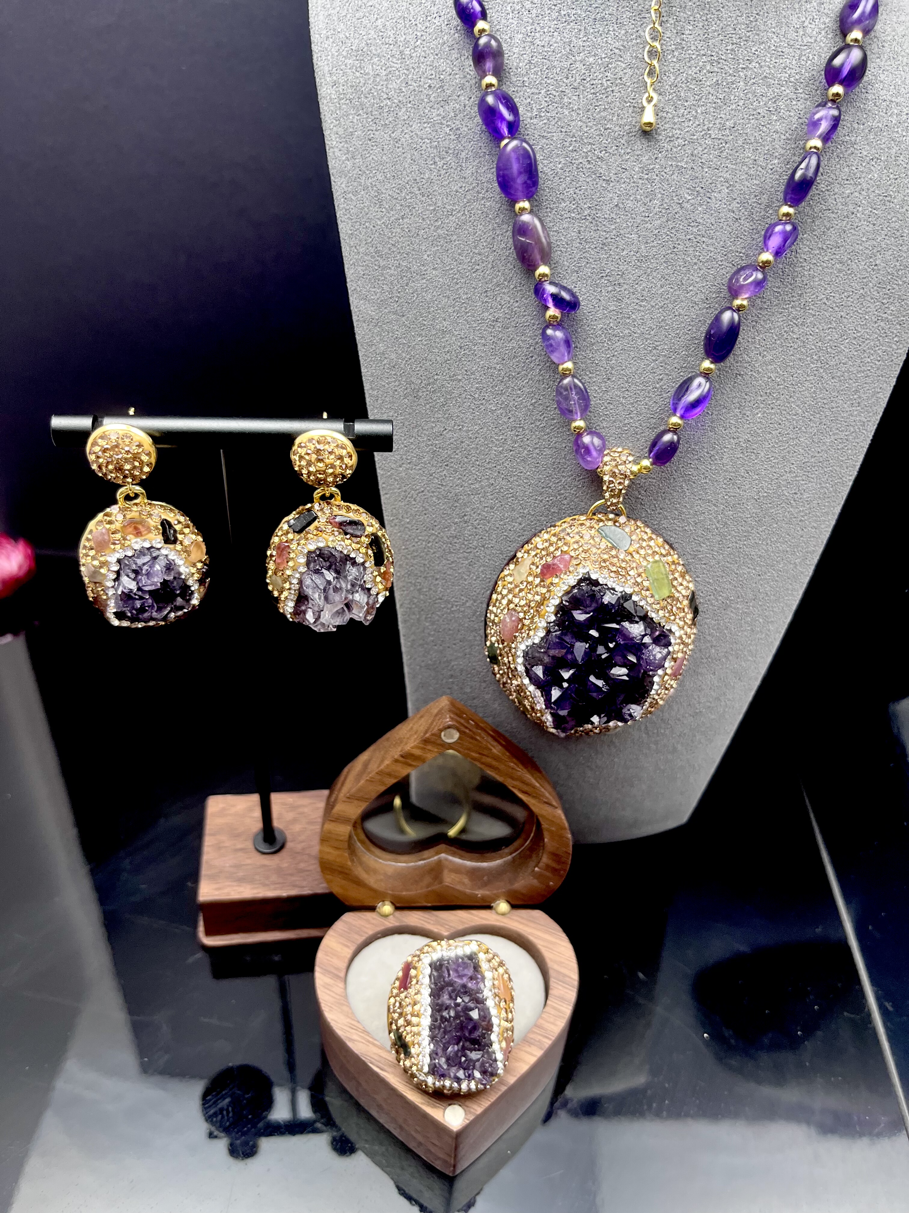 新款紫水晶碧玺镶嵌原石套装欧美个性饰品高档毛衣链手工镶嵌套装