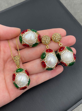 天然巴洛克珍珠绿色捷克钻欧美个性轻奢风项链耳饰戒指套装