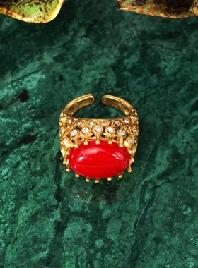 欧美复古做旧红色喜气戒指女小众设计感高级轻奢气质百搭食指戒