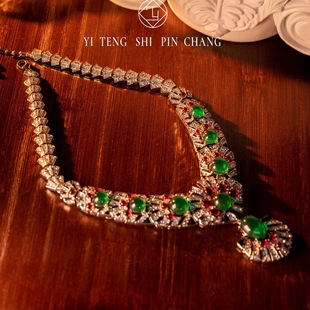 西洋中古vintag书册款祖母绿琉璃重工项链复古中古气质设计款套装