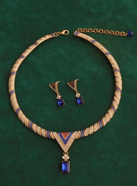 蓝水晶吊坠三角形耳钉复古重工夸张女士项链锁骨链毛衣链首饰套装