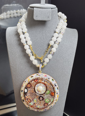 干花琉璃点缀珍珠贝壳珠链搭配彩色吊坠碧玺彩虹毛衣链厂家批发