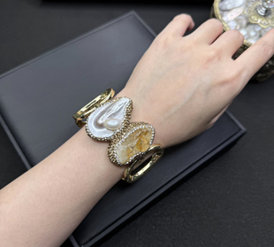 天然原矿黄水晶牙珍珠手镯欧美个性轻奢小众饰品手工镶钻保色指环