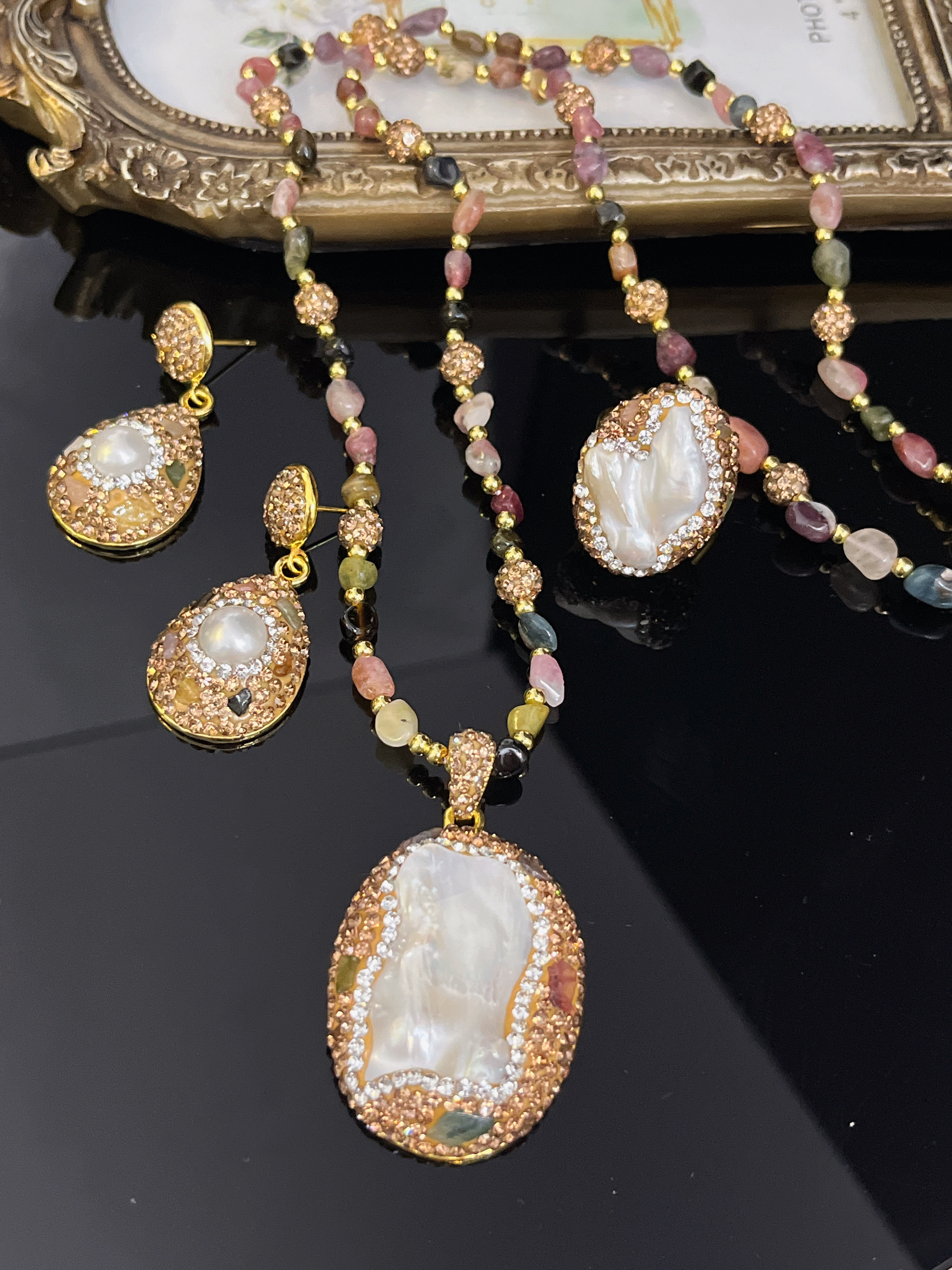 每条项链都不一样天然巴洛克碧玺毛衣链手工镶嵌套装百搭戒指