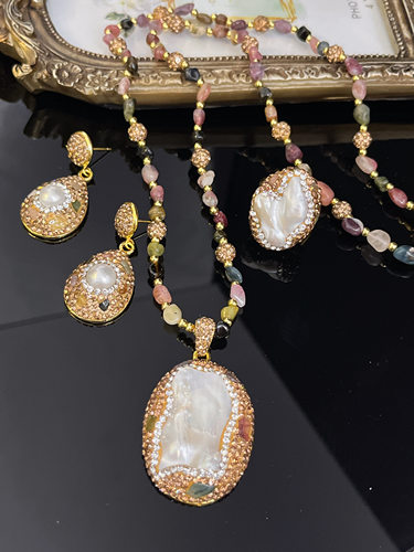 每条项链都不一样天然巴洛克碧玺毛衣链手工镶嵌套装百搭戒指