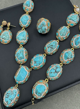 新款中古项链松石珍珠套装民族风小众个性手工镶嵌捷克钻四件套