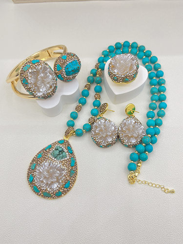 新款原石绿松石长款项链雕花女巴洛克镶嵌吊坠毛衣链饰品戒指手镯