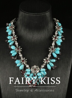 中古新款绿松石气质琉璃轻奢项链个性小众胸花流苏耳坠耳钉套装女