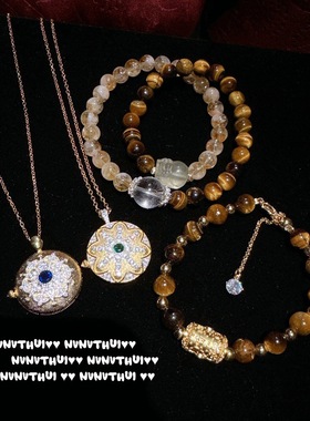 古法花丝螺钿貔貅黄水晶双圈手链 新中式 箴言錾雕虎眼石手串套装