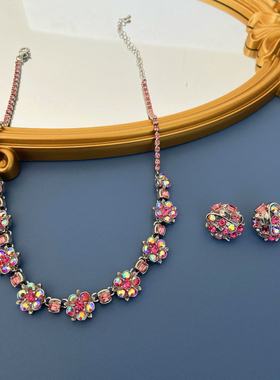 中古vintage饰品花朵造型彩色水晶项链宫廷风红蓝色耳钉项链套装