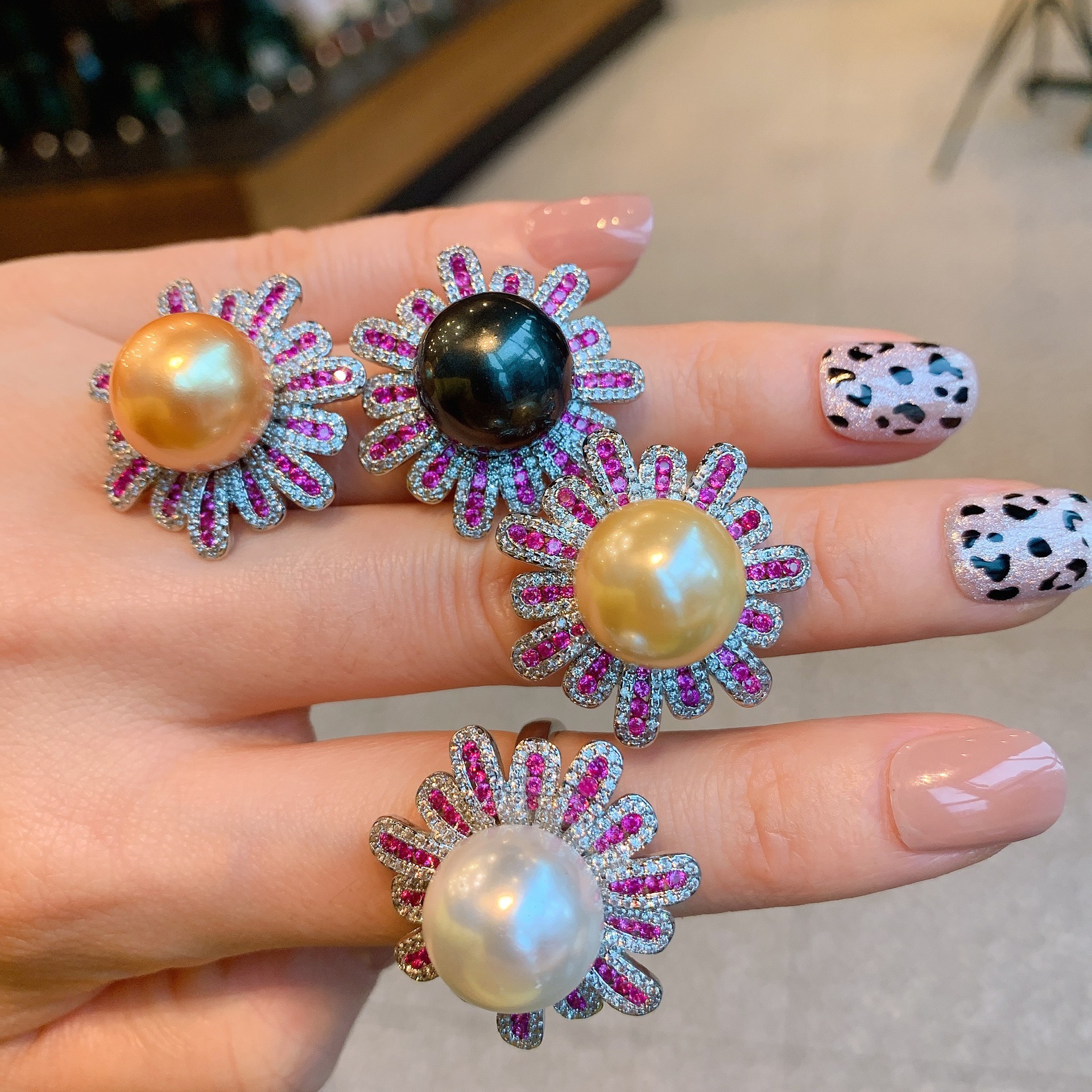 新款wish澳洲贝母珍珠微镶红宝钻 戒指时尚  可调节戒指