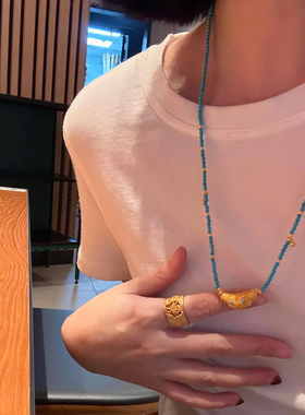 新款古法黄金色小怪兽绿松石项链女小众时尚复古錾刻瑞兽项链